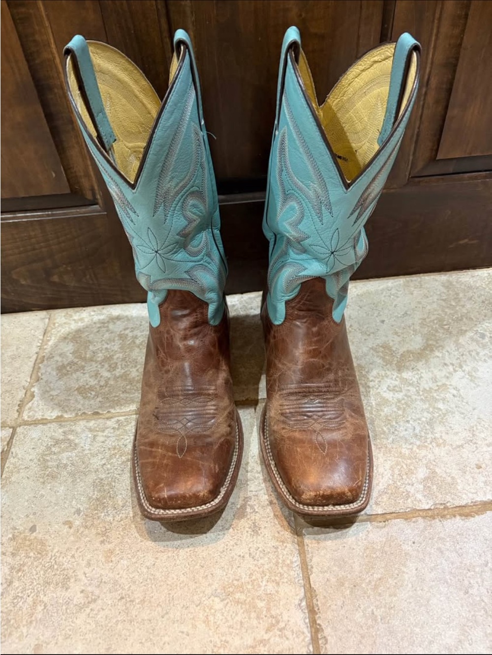 Tony Lama brown and Teal Leather Cowboy Boots Interior